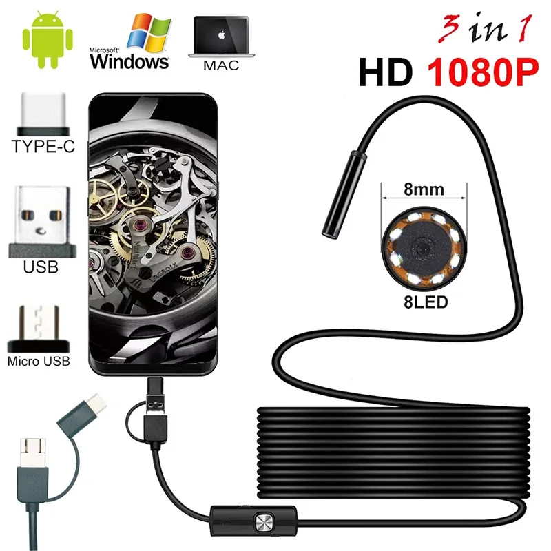 1080P HD USB Endoscope Camera With TYPE C USB Micro USB Snake Inspection Borescope Camera 8.0mm HD Lens 8 Leds For Android PC