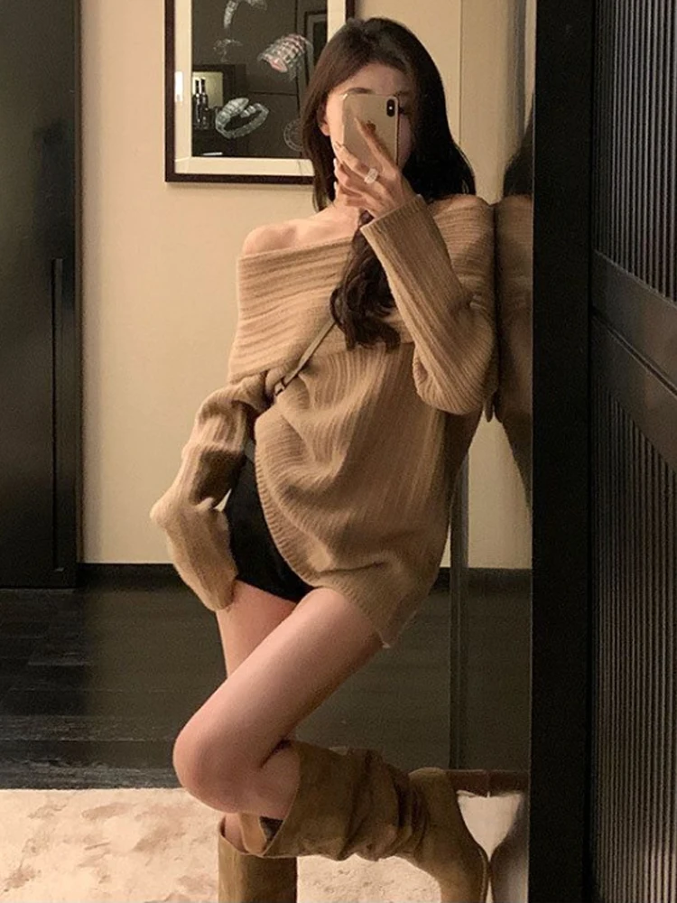 

Женский свитер с открытыми плечами, однотонный элегантный трикотажный приталенный пуловер в Корейском стиле, повседневный винтажный свитер Y2k, джемпер