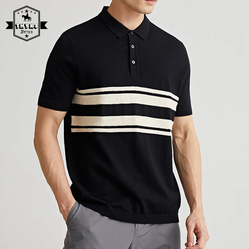 

Stripe Polo Shirts Men Short Sleeve Casual Black Collared T-Shirt for Man Polos High Quality Cotton Outwear Golf Wear Tees Tops