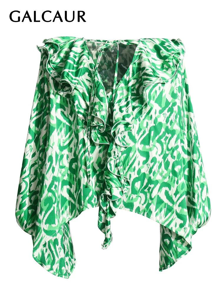 

GALCAUR Printing Casual Patchwork Ruffles Shirts For Women V Neck Long Sleeve Spliced Lace Up Colorblock Loose Blouses Female