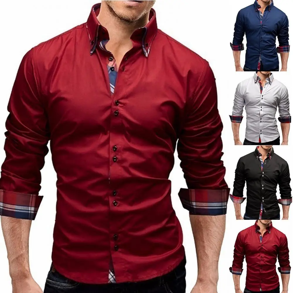 

Durable T-shirt Stretchy Long Sleeve Polyester Men Dress Shirt Slim Fit Buttoned Shirt
