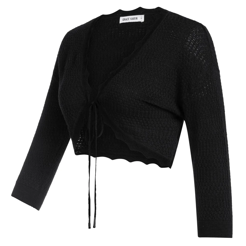 

GK Women Textured Cardigan Sweater 3/4 Sleeve Tie-Front Knitted Shrug