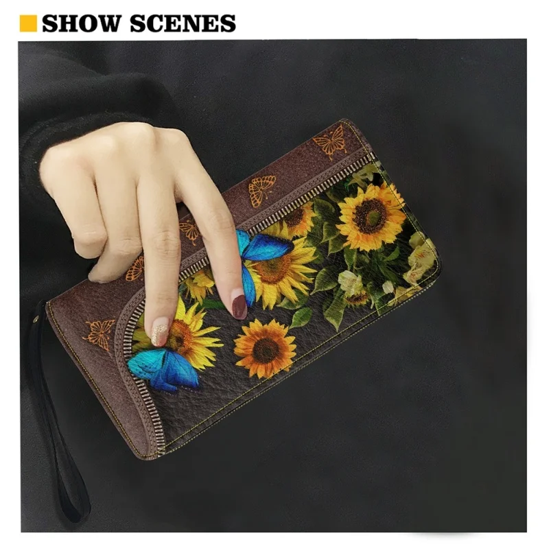 Belidome Butterfly Sunflower Women Cute Wallets Travel Wristlet PU Leather Zip Around Long Purse Credit Card Holder Clutch Bag