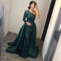 elegant green mermaid evening dress 2022 sexy one shoulder with detachable train sequin lace prom party gowns for woman
