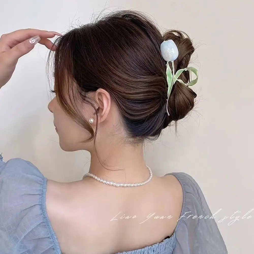 

Fashion Trendy Flower Summer Metal Elegant Headwear Tulip Shark Clip Female Hair Claw Korean Style Hair Crab Clip