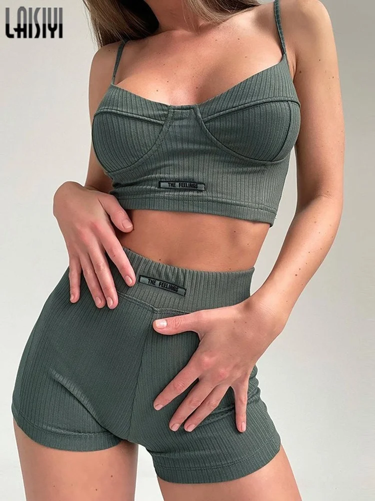 

Women Outfits Seamless Suits 2 Piece Set Workout Gym Shorts Knitted Crop Top Casual Tracksuits Sports Workout Summer Sets