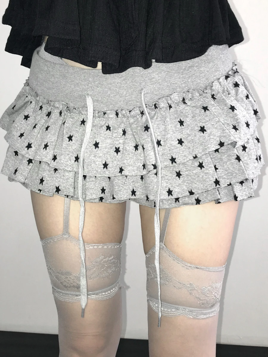 Фото Юбка HOUZHOU Y2k Star Ruffles с оборками и многослойным дизайном, женская мини-юбка в корейском стиле Kawaii на шнурке, модная милая плиссированная юбка №5