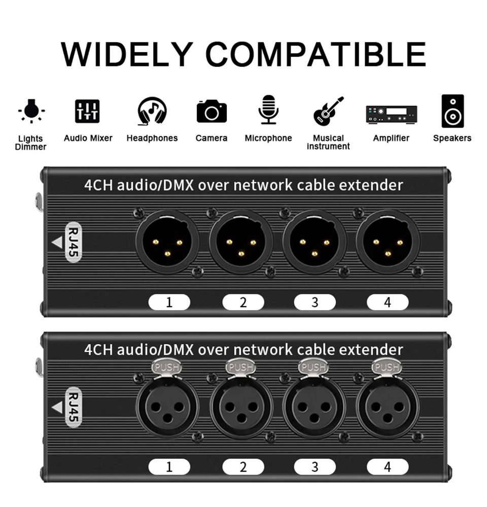 Фото Комплект из 2-х XLR аудиопередатчиков-приемников (мужской и женский) для передачи данных по Ethernet через кабель RJ45 Cat6 на расстояние до 100 м (330 футов), 4-канальный, 3-контактный №4