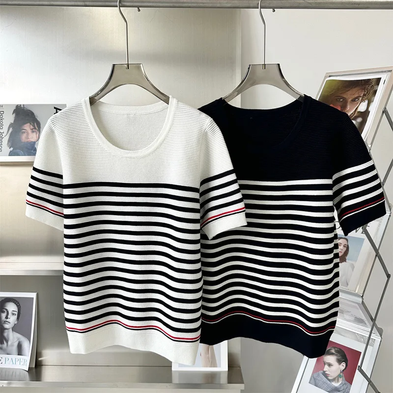 

TB Contrast Stripe Sweater Short Sleeve T-shirt Women's Summer New Round Neck Pullover Foreign Style Age-reducing Top