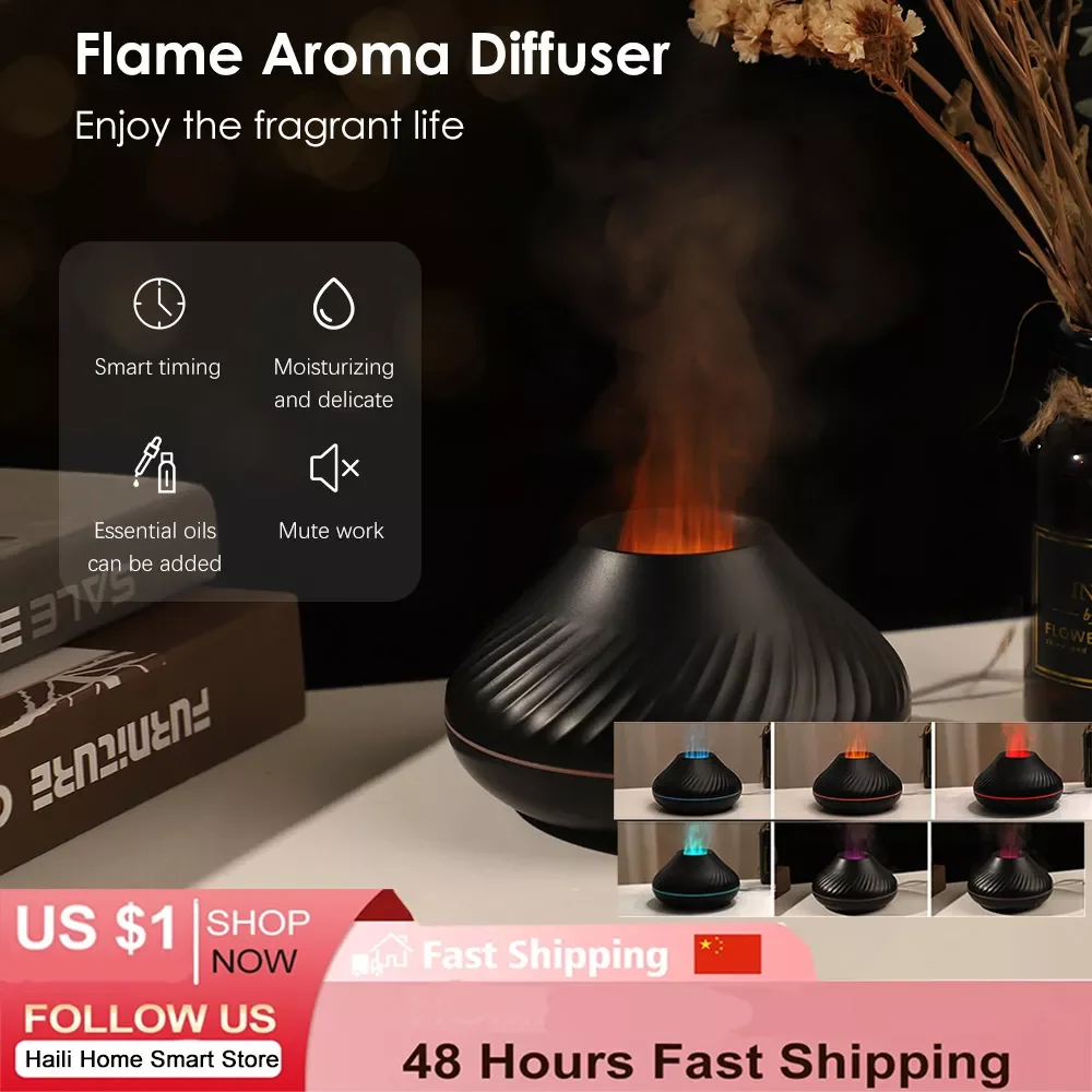 Aroma Diffuser Air Humidifier Ultrasonic Cool Mist Maker Fogger LED Volcanic Flame 7Colors Light Essential Oil Diffuser