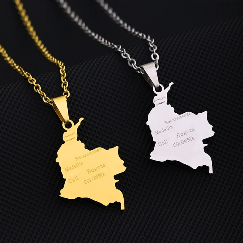 Colombian Map With Cities Pendant Necklaces for Women Girls Gold Color Colombians Heart Shaped Stainless steel Patriotic Gift images - 6