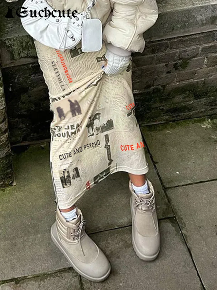 

SUCHCUTE Vintage Newspaper Print Midi Skirts Women Grunge Fairycore Low Waist Long Skirt Y2K Streetwear Skinny Clothes 2000s