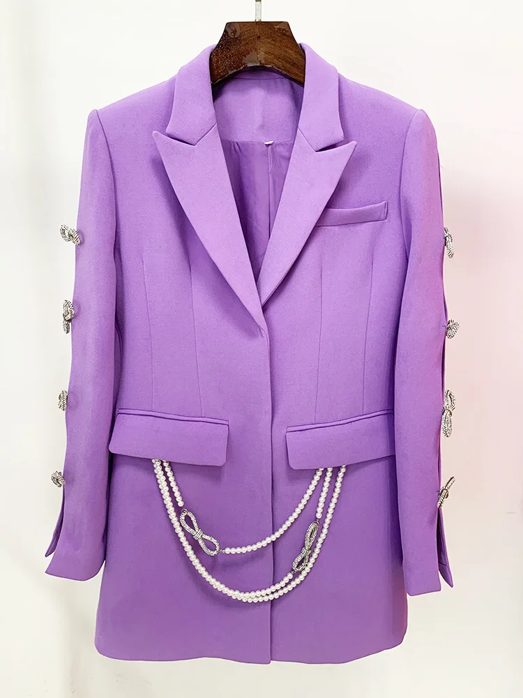 ZJYT Elegant Beading Bow Long Blazers for Women Party Jacket Coat Autumn Winter Notched Collar Pink Office Outerwear Female Tops