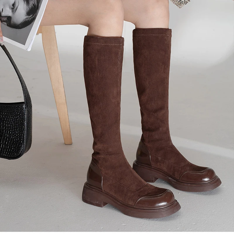 

BKQU Short Tube Long Boots Women's 2022 Autumn and Winter New Fashion Sleeves Square Heel Elastic Thin Thick-soled Boots Women
