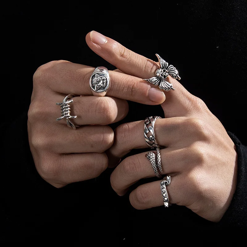 

Fashion Men's Ring Set Gothic Silver Color Snake Rings for Men Punk Demon Strange Things Couple Y2k Emo Jewelry Anillos Gift