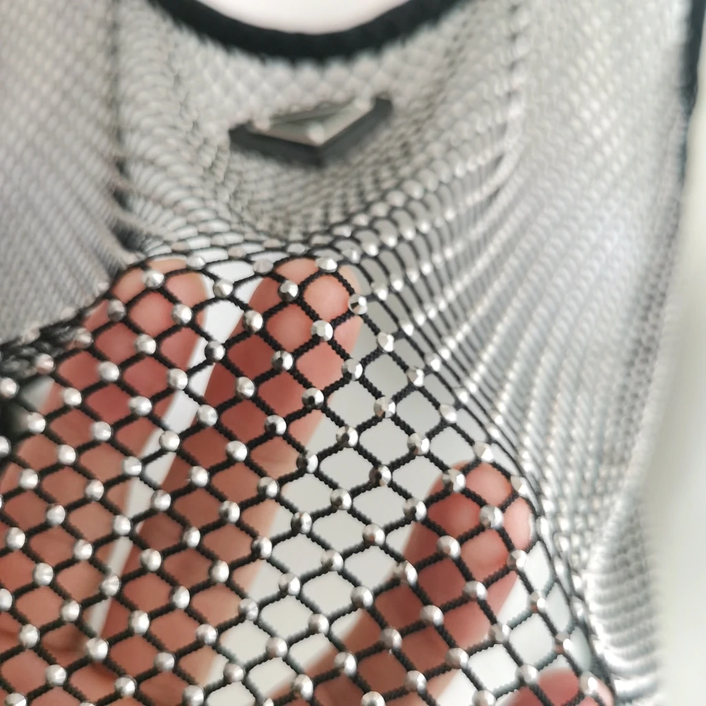 2022 New Women's Sexy Bringbring Rhinestone Vest Top Diamond Metal Tank Tops Sleeveless Casual Short Black Mesh Crop Not Prada