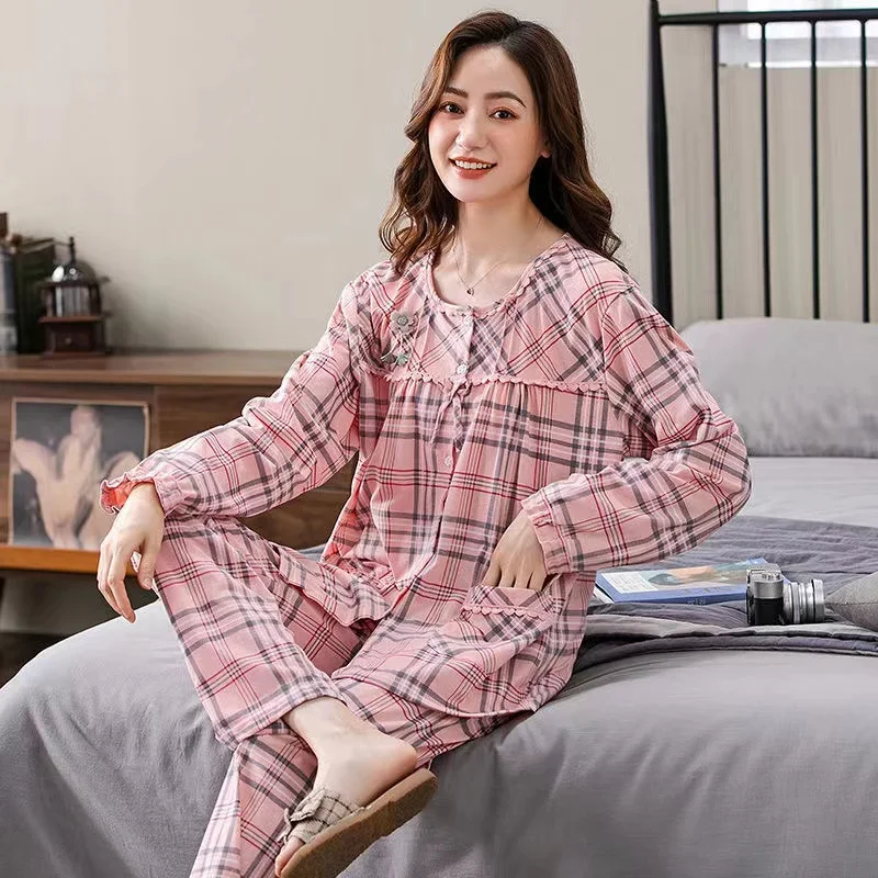 Spring/Autumn Pajamas Set For Women 100% Cotton Mom Sleepwear Long Sleeve Trousers Home Clothes Homewear