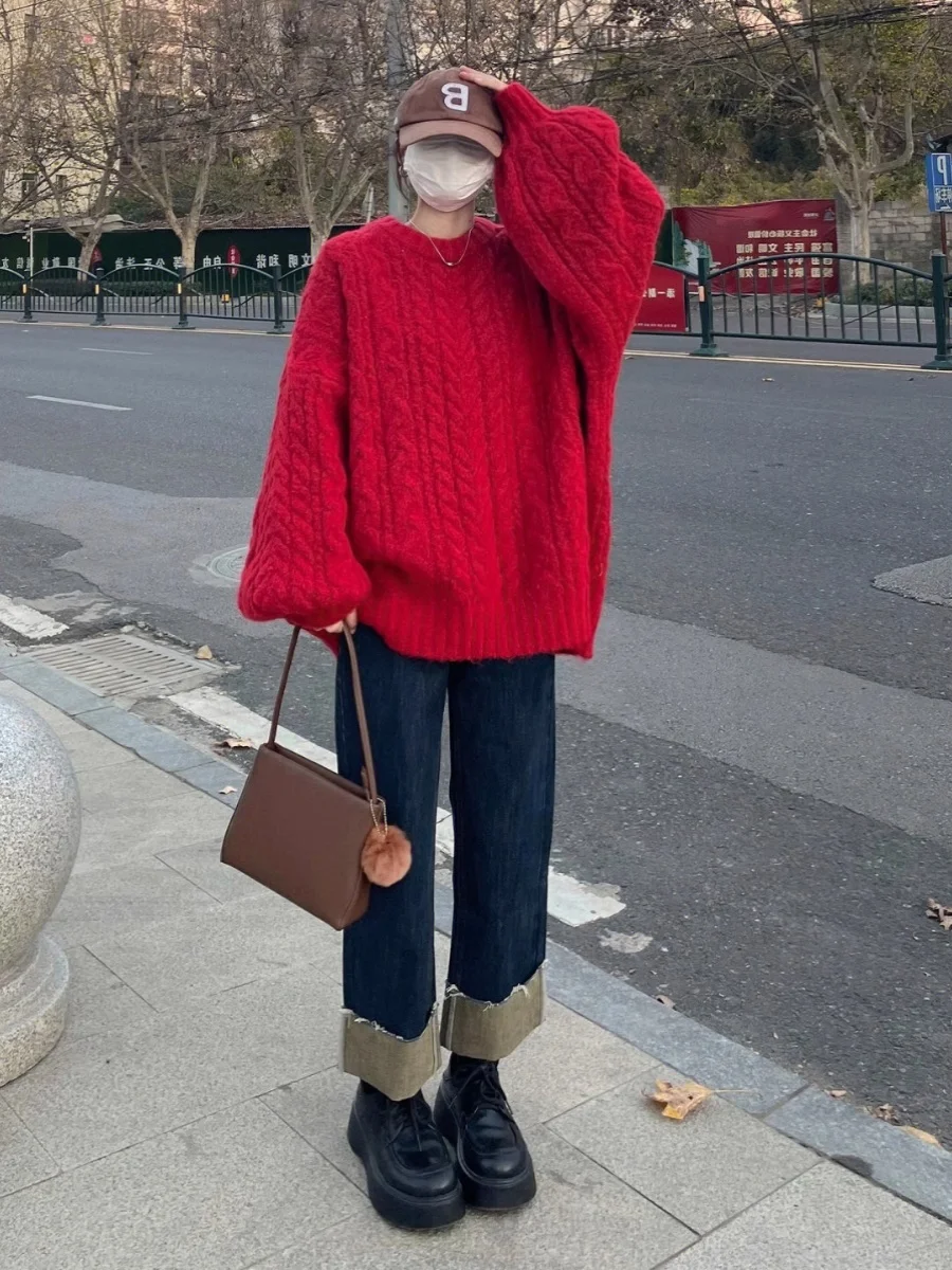 Idle Sle Korean Red Twist Knit sweater Women Autumn New High-Grade round Neck Loose All-Match Sweater Fashion