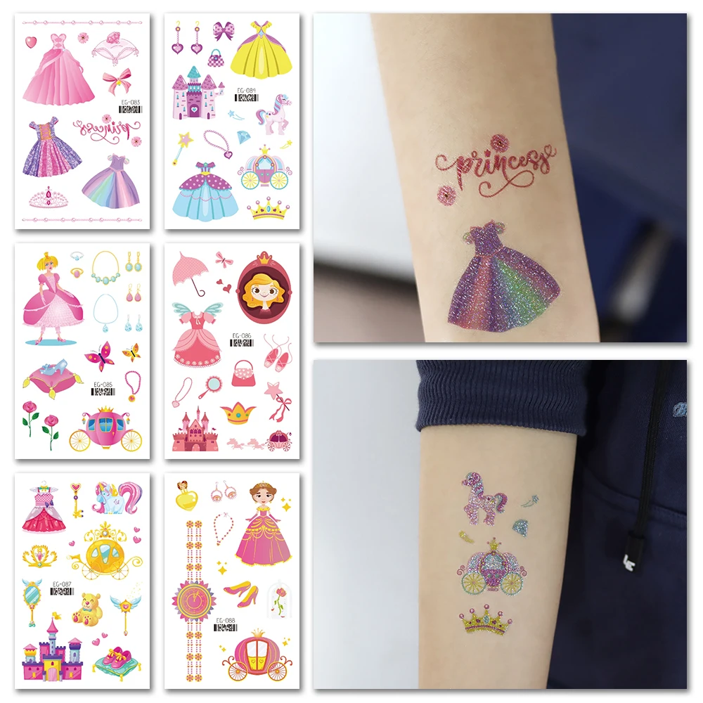 VeeCharm-блестящие Временные татуировки принцессы для девочек замок-бабочка детские