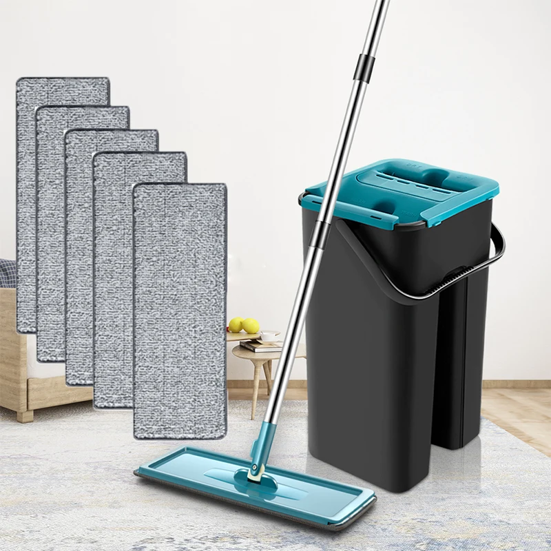 

360 Rotating Flat Squeeze Mop With Bucket Cleaning Wash Floor Mop 4/6Pcs Replaceable Pads Wet Dry Usage Household Kitchen Tools