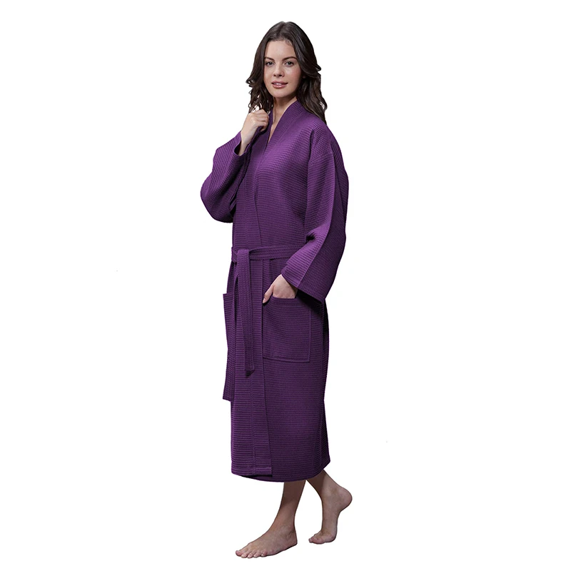 Women's Waffle Bathrobe Solid Autumn Winter Cotton Ladies Dressing Gown Long Sleeve Pockets Kimono With Sashes For Female