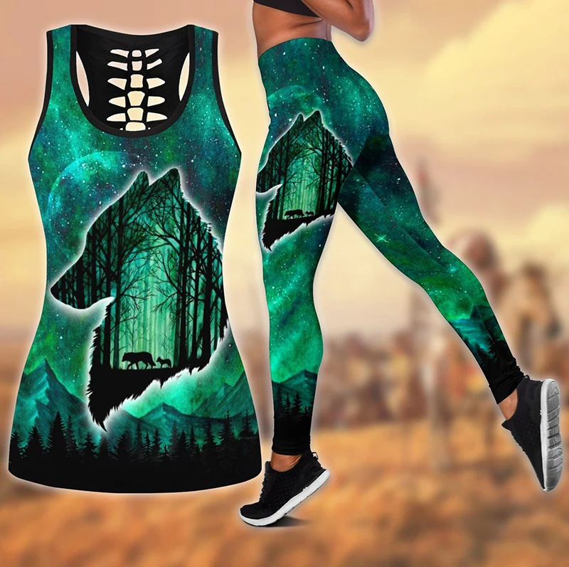 

Green Women's Wolf Printed Legging + Hollow Out Tank Top Sports Tight Yoga Pants