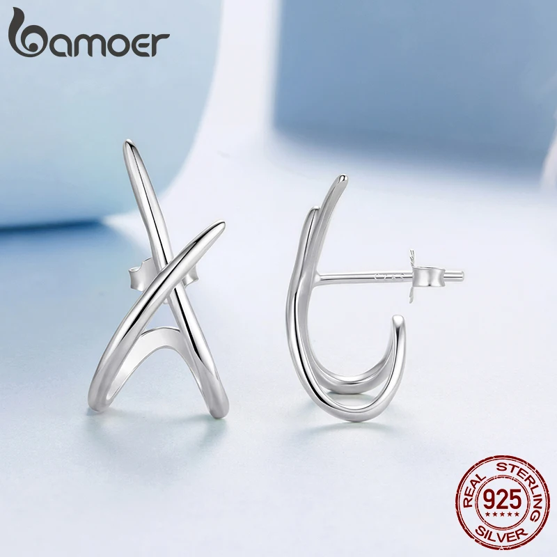 Фото Серьги Bamoer X, 100% стерлинговое серебро 925, золотые серьги-гвоздики, минималистичные изящные гипоаллергенные серьги для женщин, ювелирные изделия на день рождения, подарки №5
