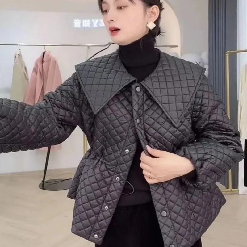 Vintage Long Sleeves Parka Mujer Single-breasted Belt Outerwear 2023 Winter Padded Jacket Women Lingge Quilted Doll Collar Coat
