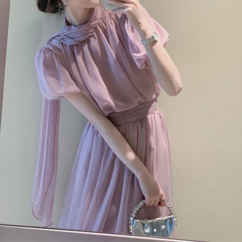 

Summer Sweet Purple Two-piece Set Womens Outfits Short Sleeve Chic Top and High Waist Fairy Midi Skirt Elegant 2 Piece Suits