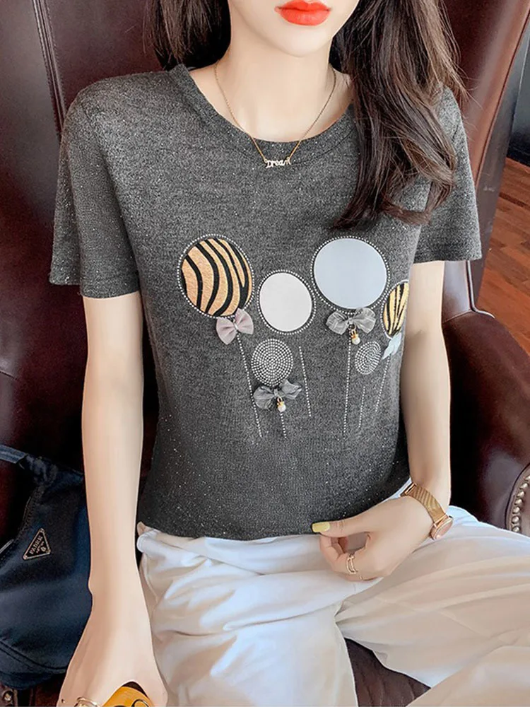 Женская хлопковая футболка 2024 блестящая со стразами и коротким рукавом женские