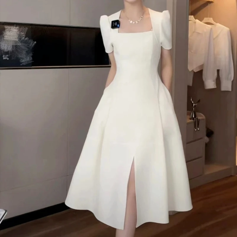 2023 Summer Elegant White Midi Dresses for Women Square Neck Side Pockets Slit Casual Dress