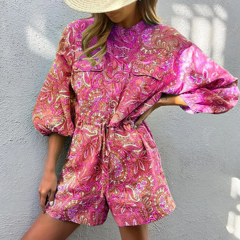 Jumpsuit for Women 2023 Spring New Women's Fashion Printed Standing Collar Printed Romper Women Bodysuit