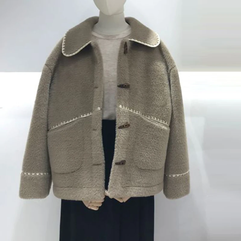 Korean doll collar cow horn button embroidery contrast color loose one-piece coat women's short short stature