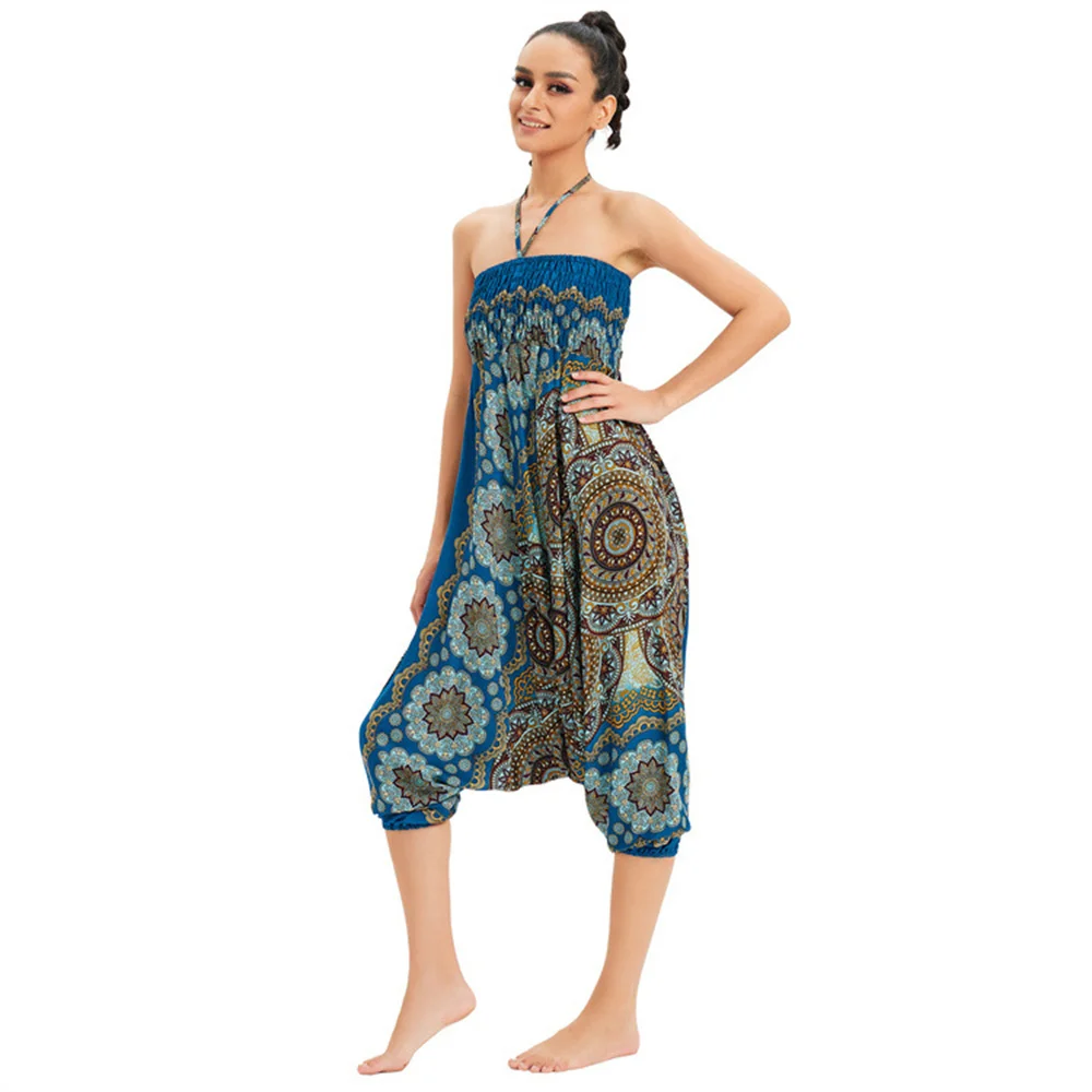 Women Bohemian Floral Print Long Pants 2022 Mid Waist Vintage Harem Pants Elastic Waist Boho Beach Trousers