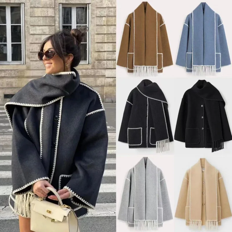 

2024 Women Splice Cashmere Coat With Scarf Chic Long Sleeve Solid Quilted Thick Jacket Loose 2023 Autumn Winter Warm Streetwear