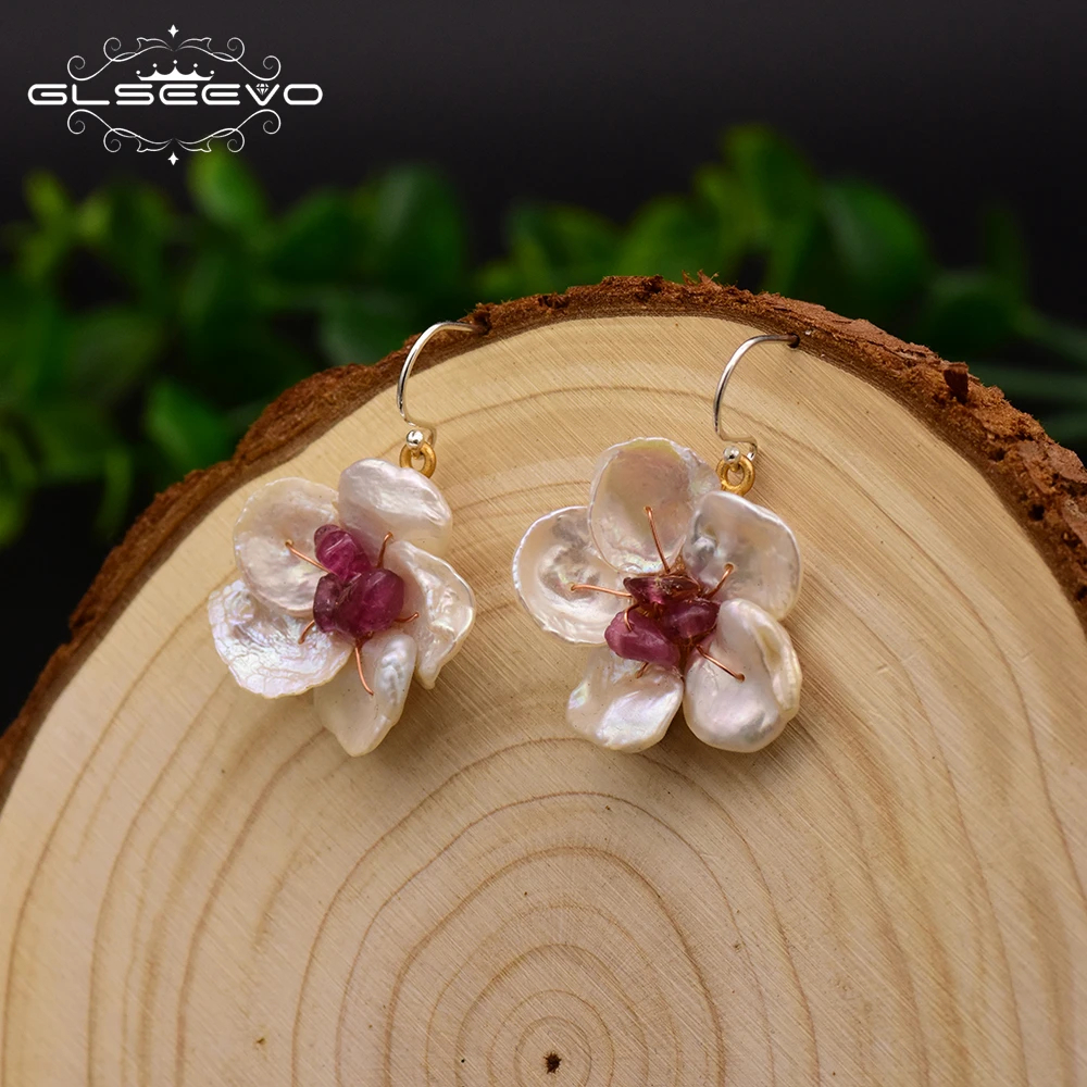 

GLSEEVO Flower Drop Earrings For Women Handmade Natural Fresh Water Pearl Dangle Earring Amethyst Fine Jewelry GE0621