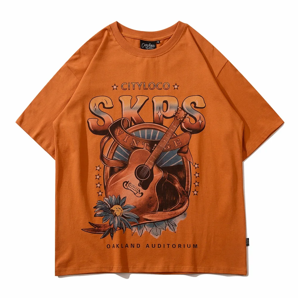 

Футболка мужская оверсайз с коротким рукавом, уличная хлопковая рубашка в стиле хип-хоп, топ с принтом гитары и надписи, лето 2022