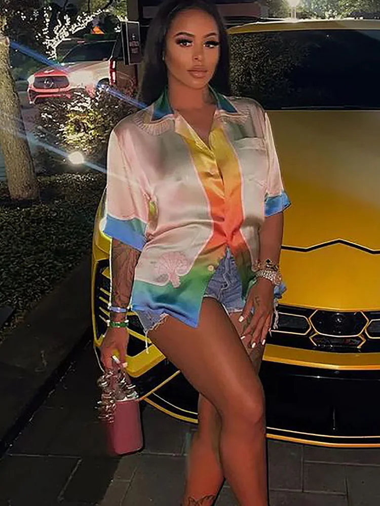 

Женская атласная однобортная блузка KEXU, Элегантная стильная рубашка с 3D принтом и коротким рукавом, Повседневная Уличная одежда