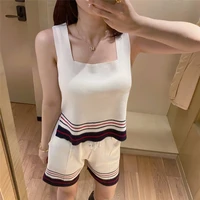 college style ice silk knitted small sling female summer tb with a bottoming vest and a square collar sleeveless t shirt