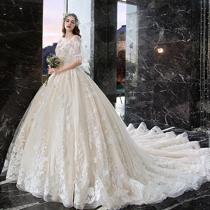 Роскошное бальное платье, свадебное платье с блестящими блестками и жемчужинами, свадебное платье принцессы с пышными рукавами, длинное платье