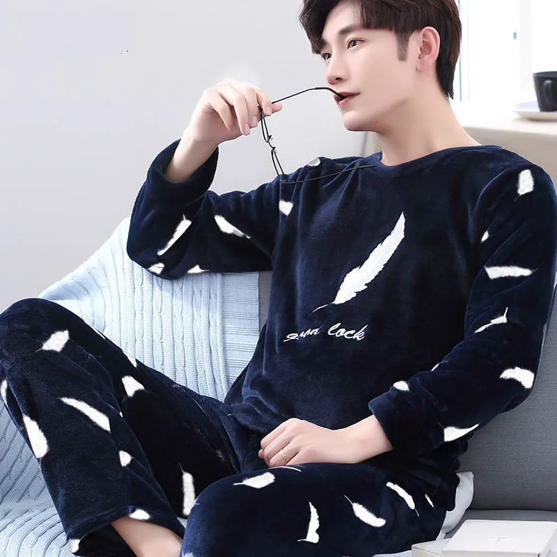 Winter Warm Flannel Pajamas Sets Male Men Nightwear Plus Size Sleepwear Long Pant Winter Warm Pijamas Trouser Suits