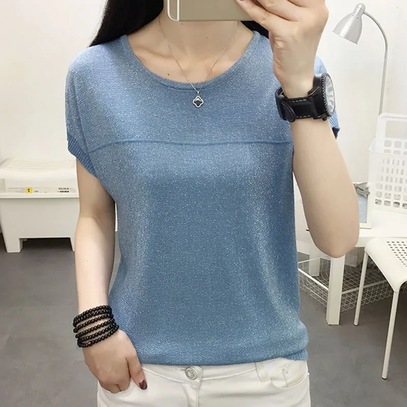 

Knitted Bright Silk T Shirt Women 2022 Short Sleeve Tshirt Summer Woman Clothing Batwing Sleeve Ladies Tops Casual Poleras Mujer