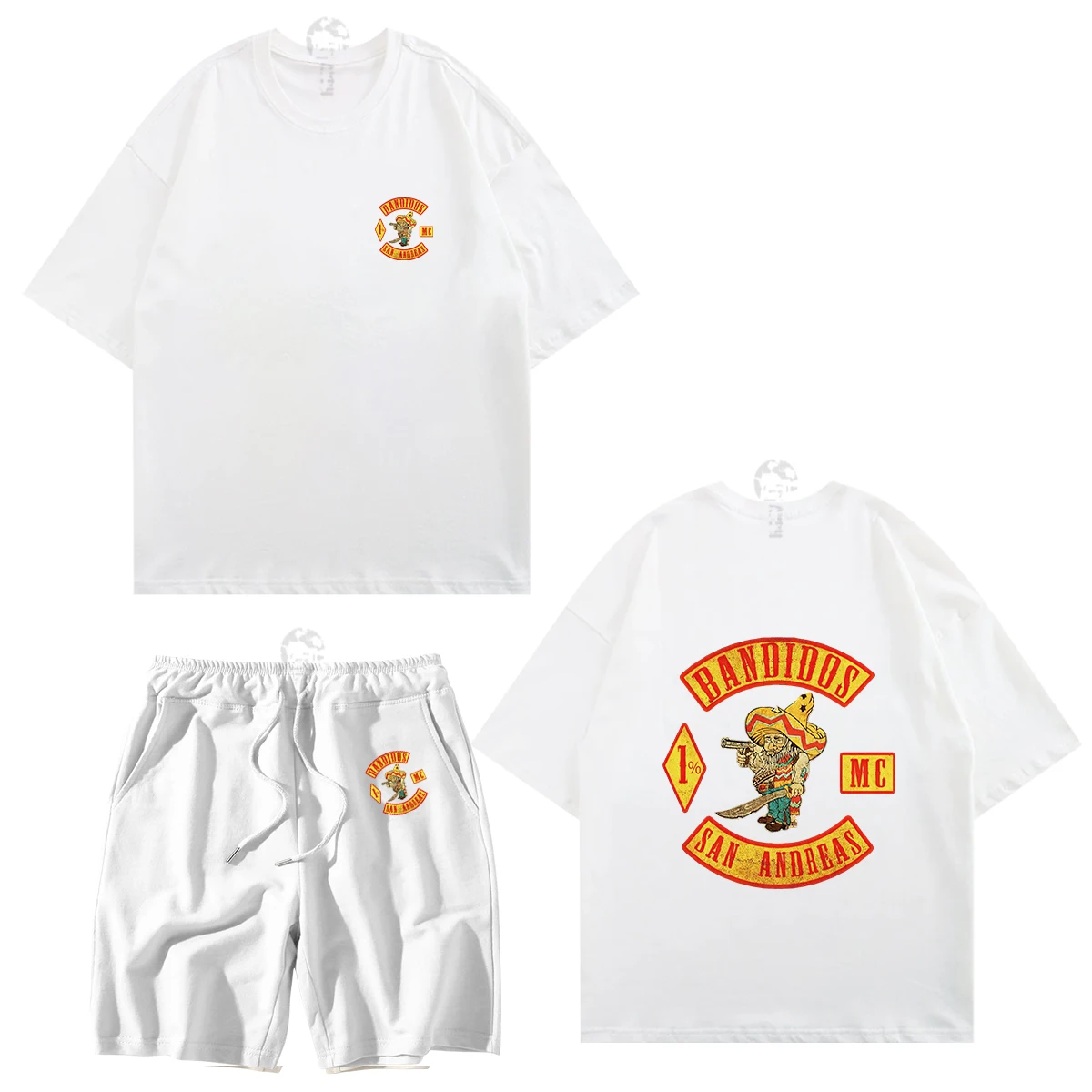 Cotton Men's T-shirt Set 2023 New Retro Contrast Color Bandidos Printing Casual Street Japanese Style Neutral Sports Pants Set