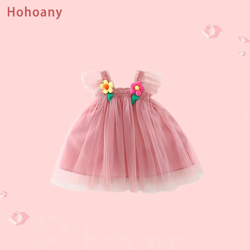 Hohoany Baby Girl Sweet Birthday Party Evening Dresses Children Summer Solid Color Wedding Ball Gown Flowers Kids Clothes