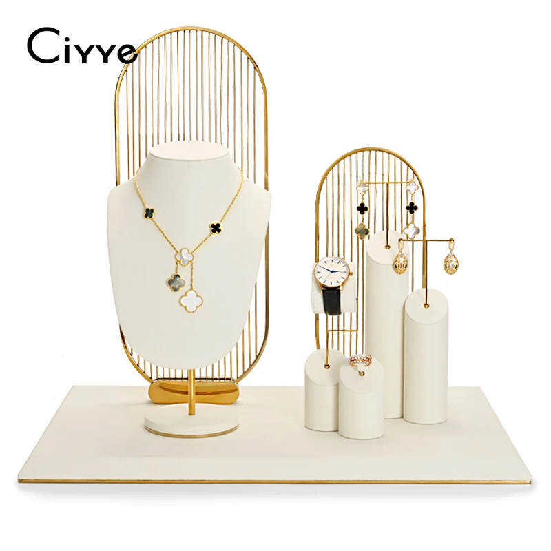 

Ciyye Beige Jewelry Display Stand for Necklace Earrings Ring Jewelry Accessories with Metal Microfiber Showing Shelf