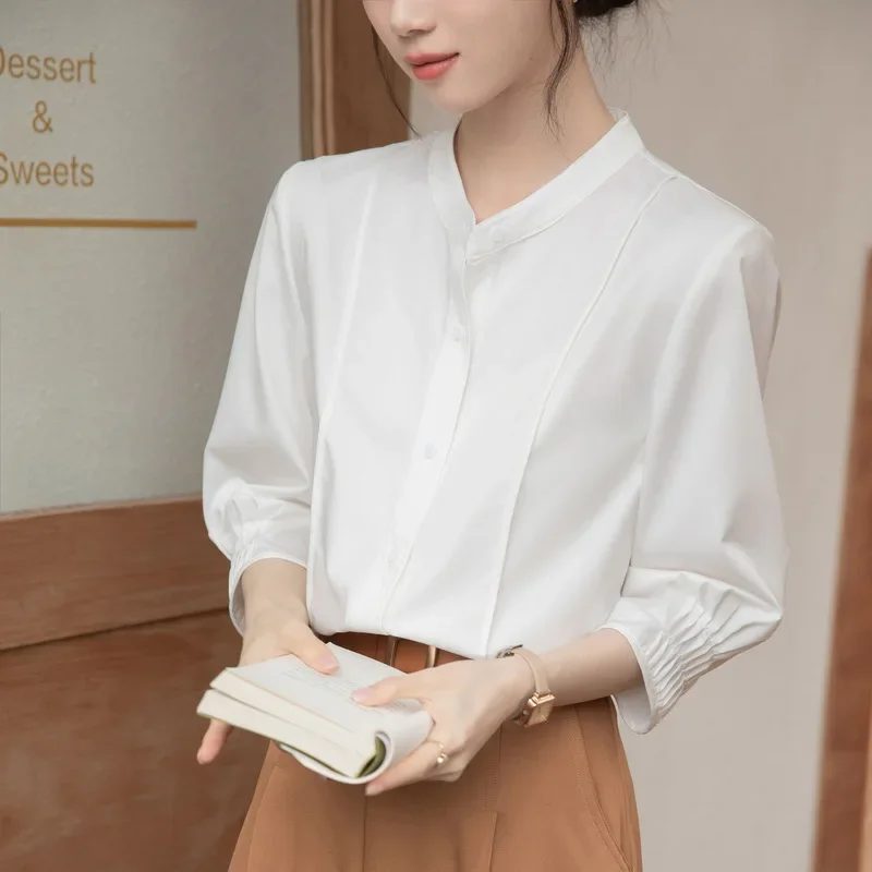 Элегантная женская рубашка с воротником-стойкой и рукавами семь половин элитный