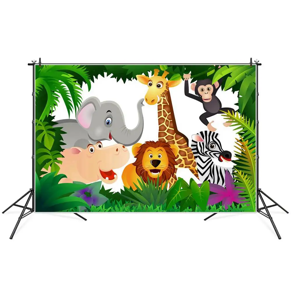 

Jungle Forest Safari Party Photography Backdrops Tropical Leaves Lion Giraffe Elephant Baby Birthday Decoration Photo Background
