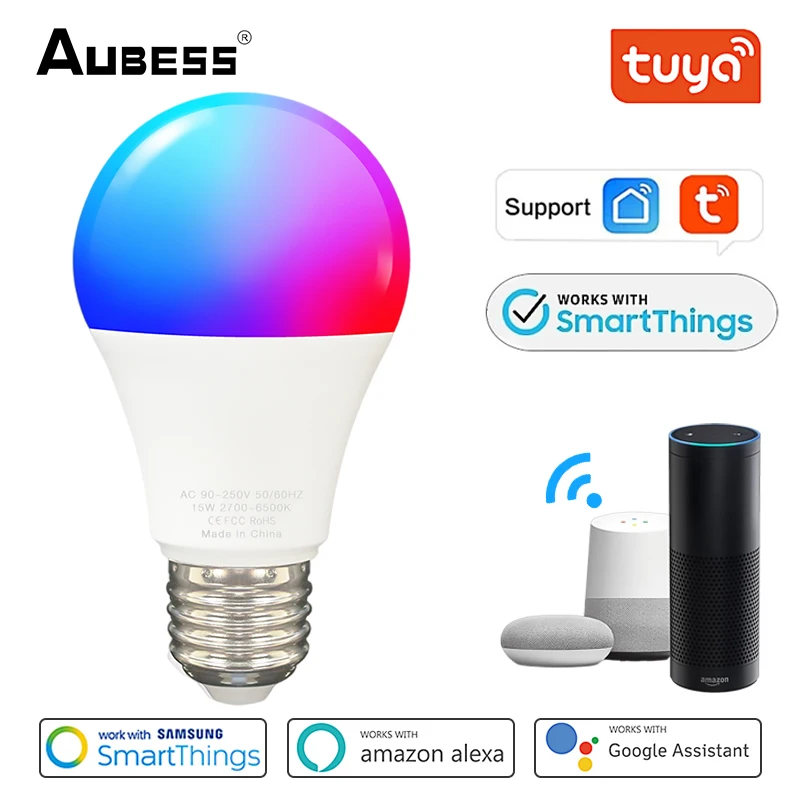 

Aubess Tuya Smart Wifi LED Bulb E27 B22, RGB CW Dimmable Light Bulb 15W, Work With Alexa Echo Google Home Assistant Yandex Alice