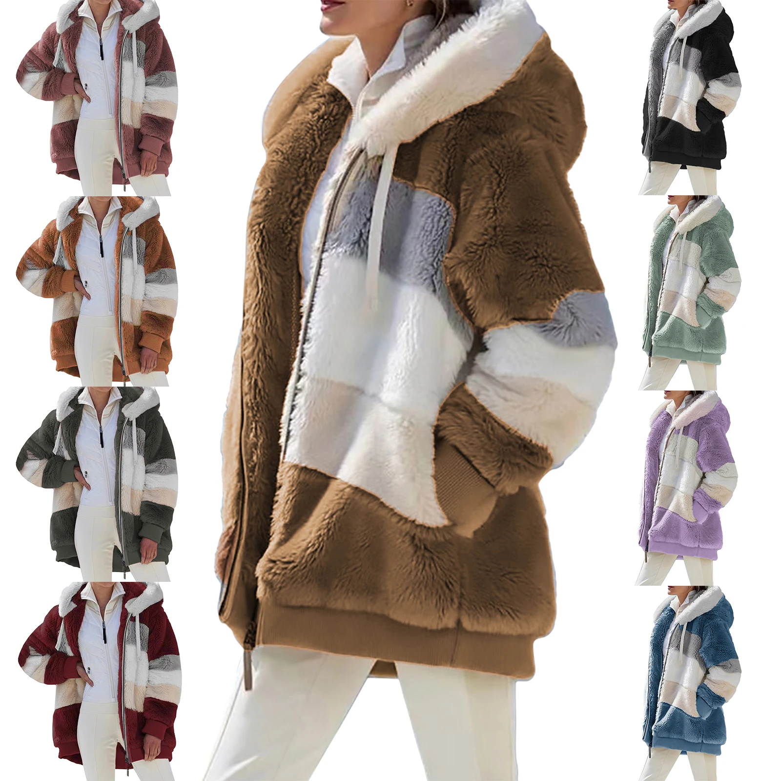 

New Women Thermal Coat Variegated Color Zipper Open Front Oversize Overcoat in 8 Colors