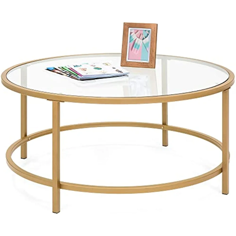 

36in Modern Round Tempered Glass Accent Side Coffee Table for Living Room, Dining Room, Tea, Home Décor w/Satin Trim, MetalFrame